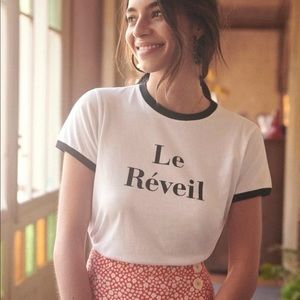 Sezane White and Black Short Sleeve Tee